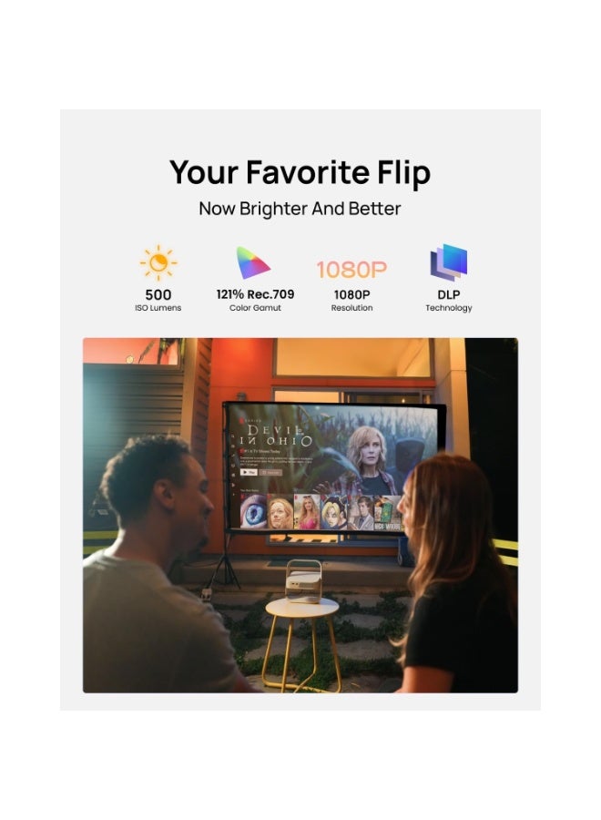XGIMI ELFIN FLIP PLUS | Portable Projector, Google TV with Licensed Netflix, 500 ISO Lumens, 1080P Resolution Home Projector, Build-in Adjustable Stand, Lightweight and Compact Design, Screen Adaption - Image 3